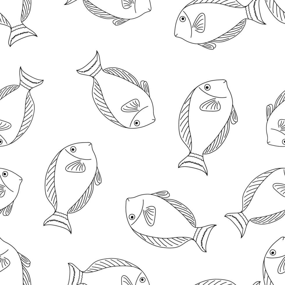 Seamless pattern with fish.A fish with a large sharp fin.Marine theme.Doodle style.Black and white image.Vector illustration. vector