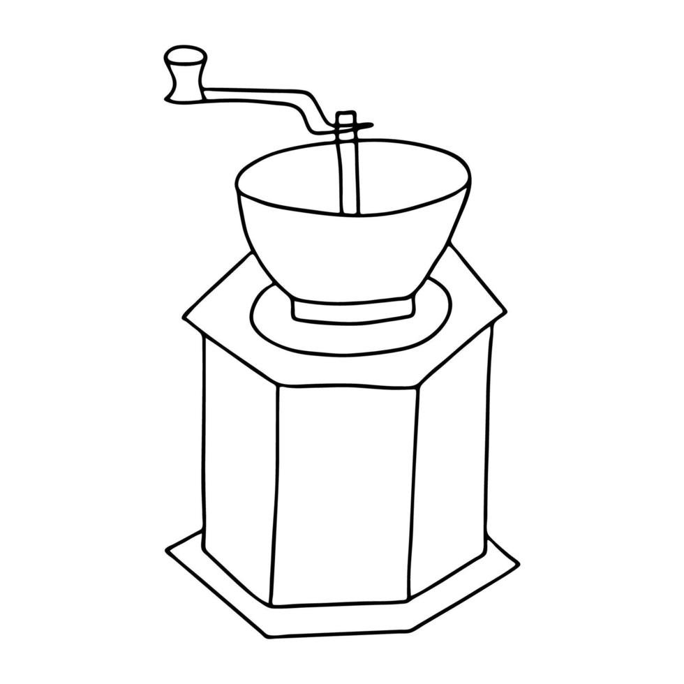 The manual wooden coffee grinder is drawn in the Doodle style.Black and white image.Outline drawing.The picture is drawn by hand.Vector illustration vector