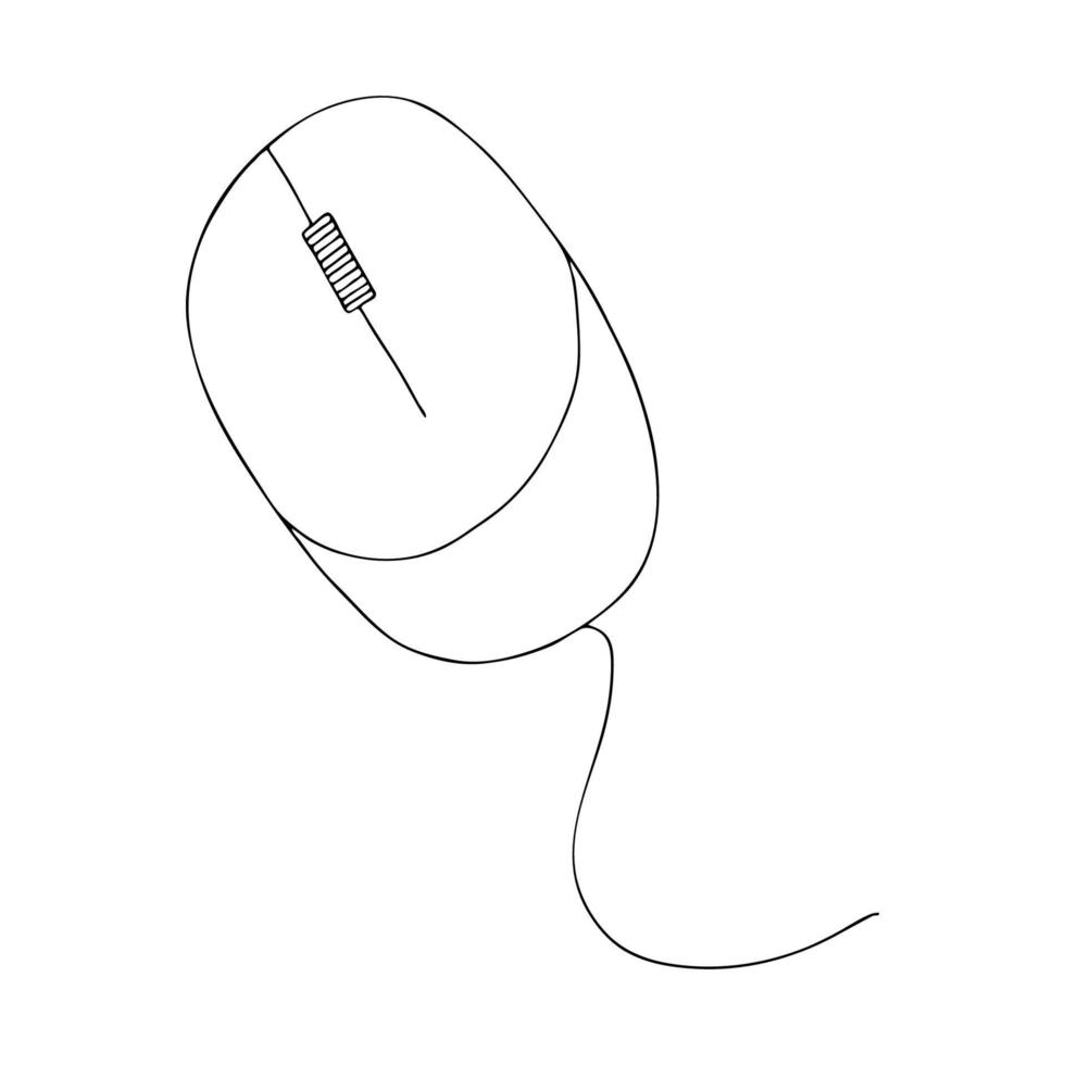 A computer mouse with a Doodlestyle wire.Black and white image.Outline drawing.Handdrawn