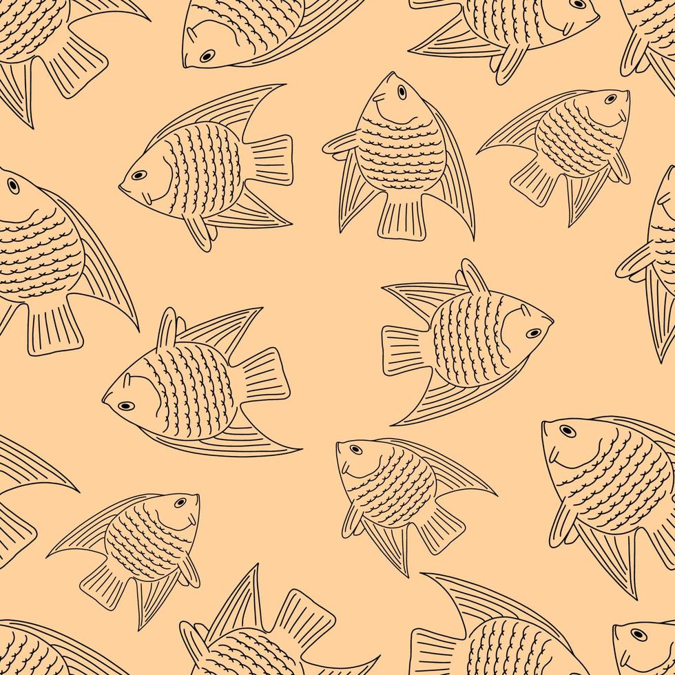 Seamless pattern with fish.Nautical theme.Doodle style.Yellow background.Black outline.Vector illustration vector