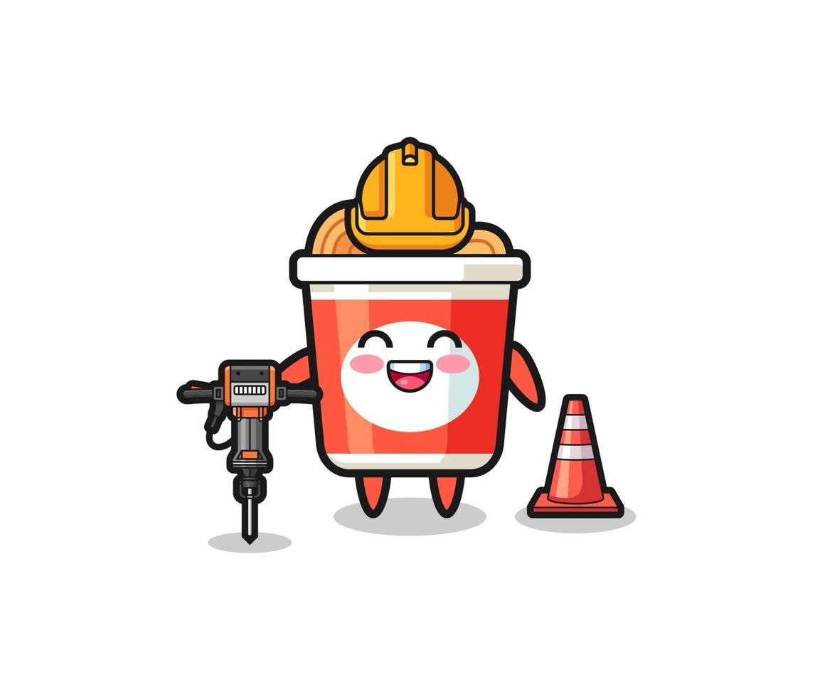 road worker mascot of instant noodle holding drill machine vector