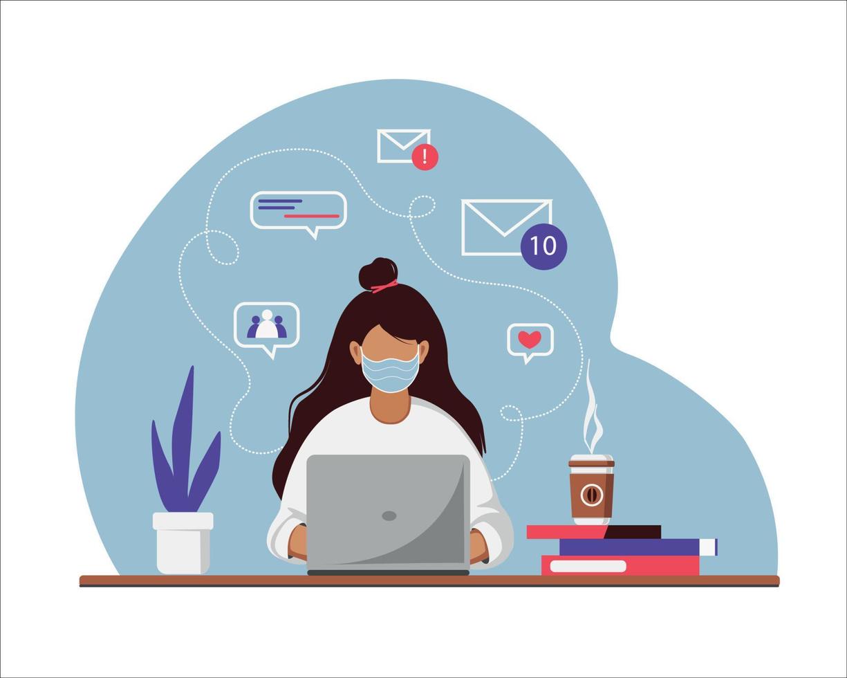 Woman in a medical mask works at the laptop. vector