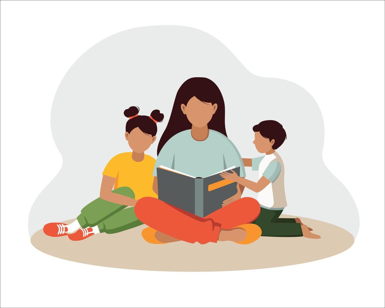 mujer, madre lee un libro a los niños. vector