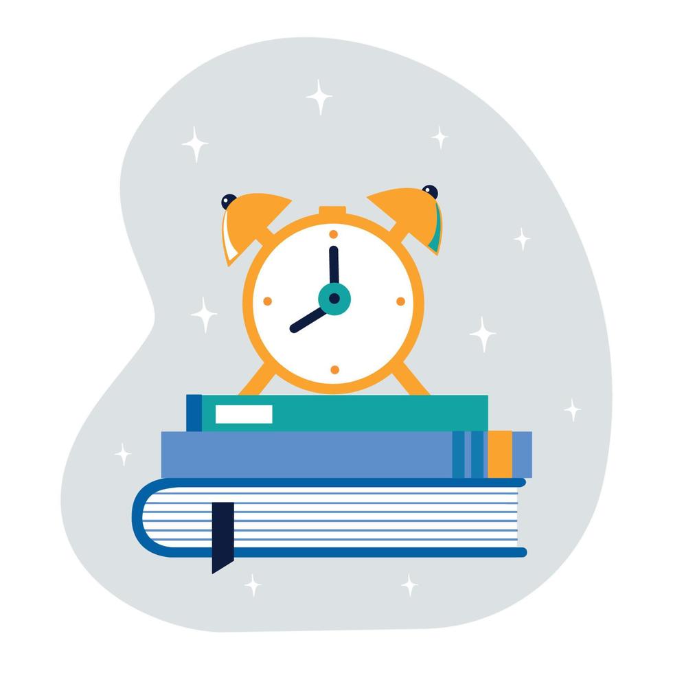 Yellow alarm clock, books isolated on blue background. vector