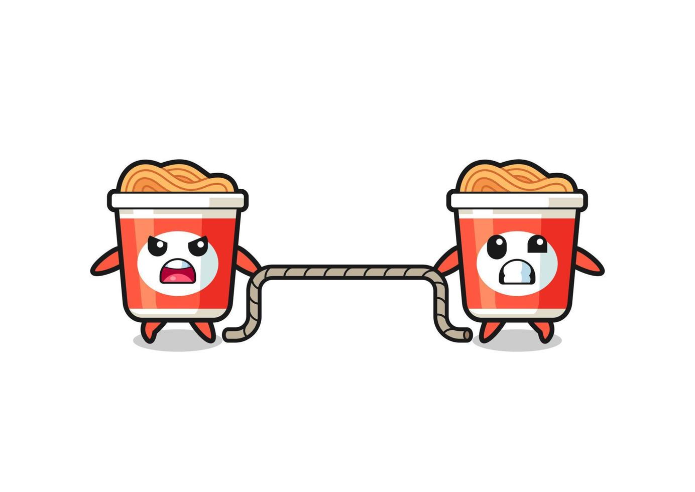 cute instant noodle character is playing tug of war game vector