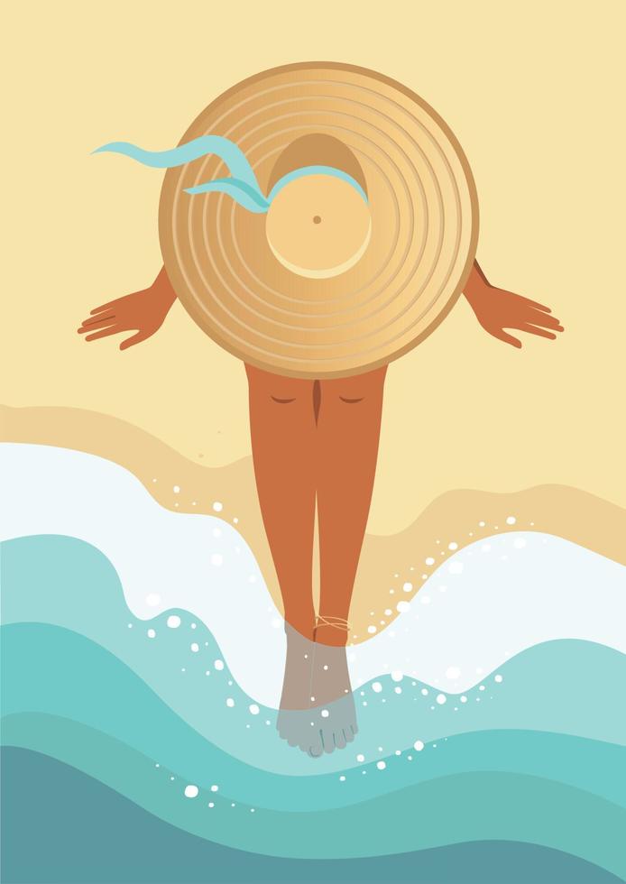 Woman in hat sits on the beach and looks at the sea. Vector stock flat illustration with empty space for your text. Template for postcards, banners, social media.