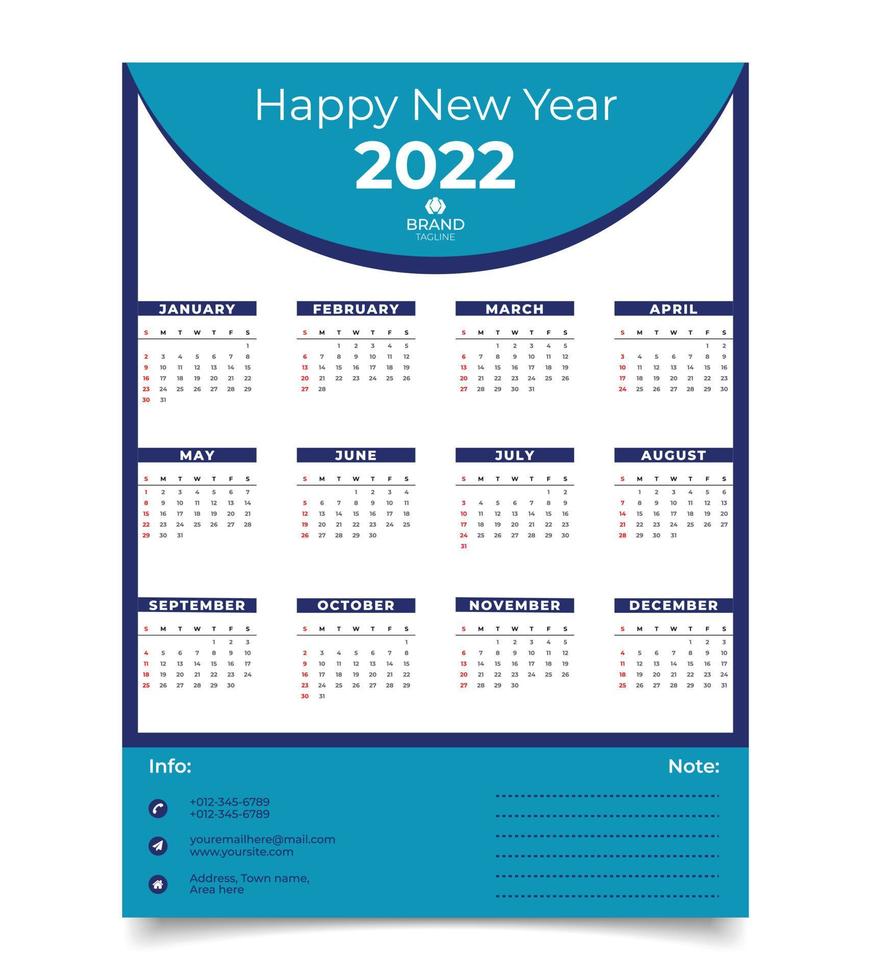 Calendar design template. Wall calendar design 2022 year. vector