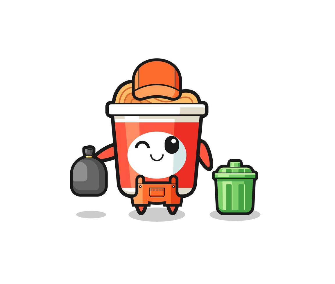 the mascot of cute instant noodle as garbage collector vector