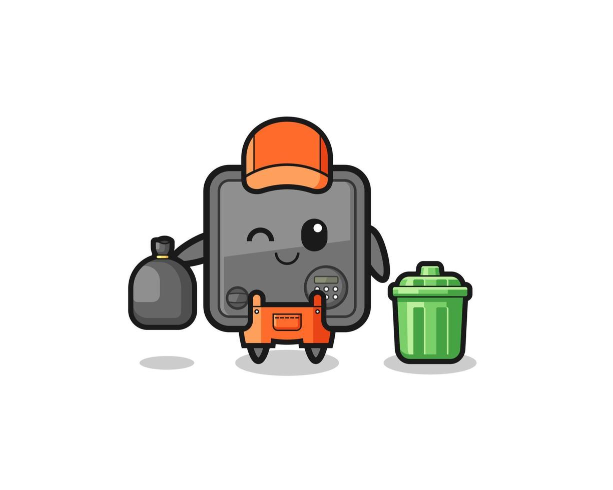 the mascot of cute safe box as garbage collector vector