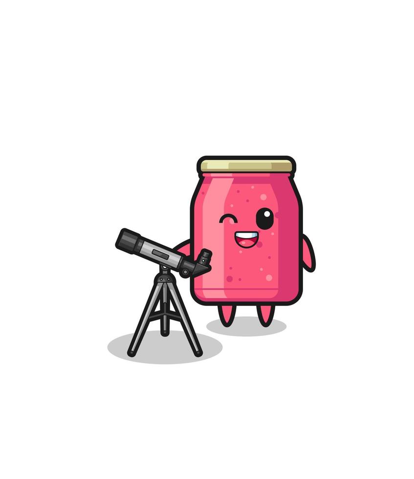 strawberry jam astronomer mascot with a modern telescope vector