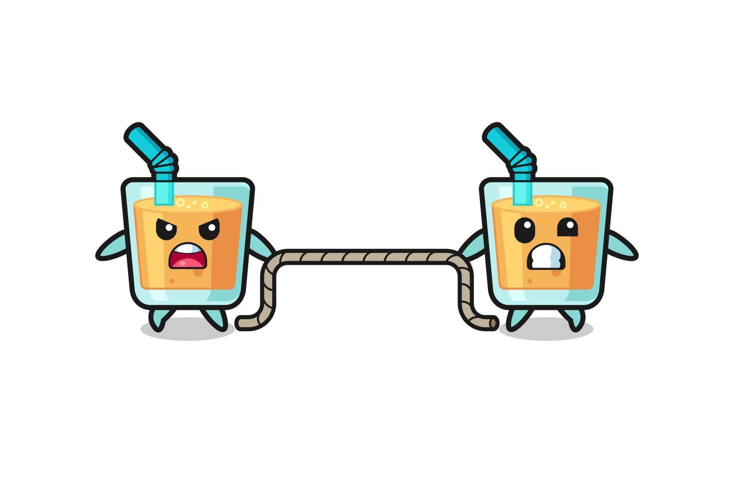 cute orange juice character is playing tug of war game vector