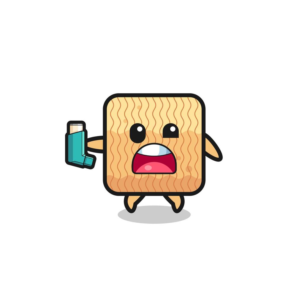 raw instant noodle mascot having asthma while holding the inhaler vector