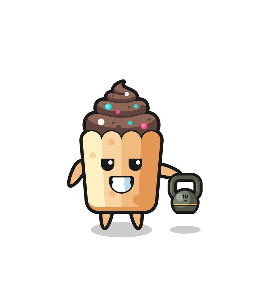 cupcake mascot lifting kettlebell in the gym vector