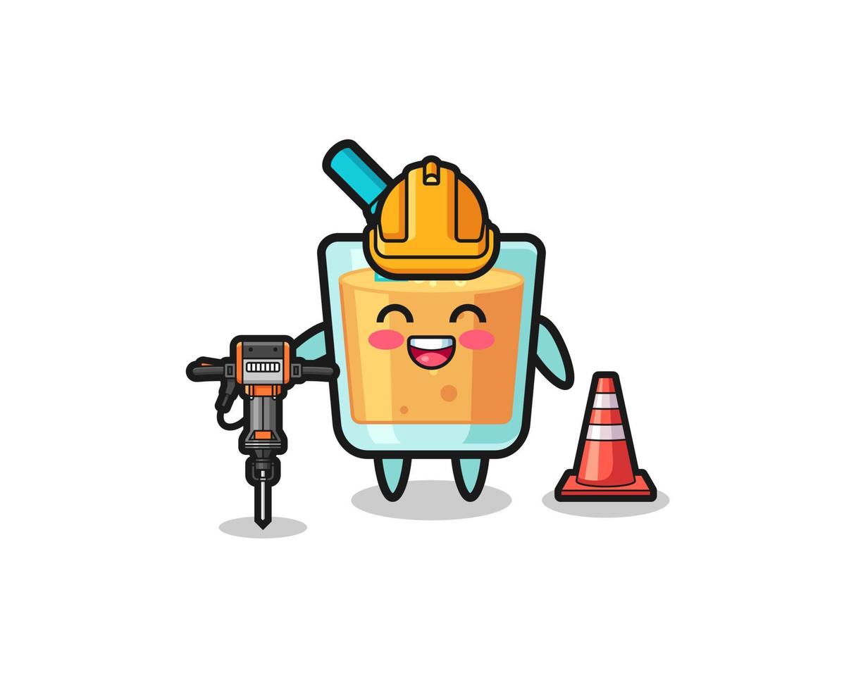 road worker mascot of orange juice holding drill machine vector