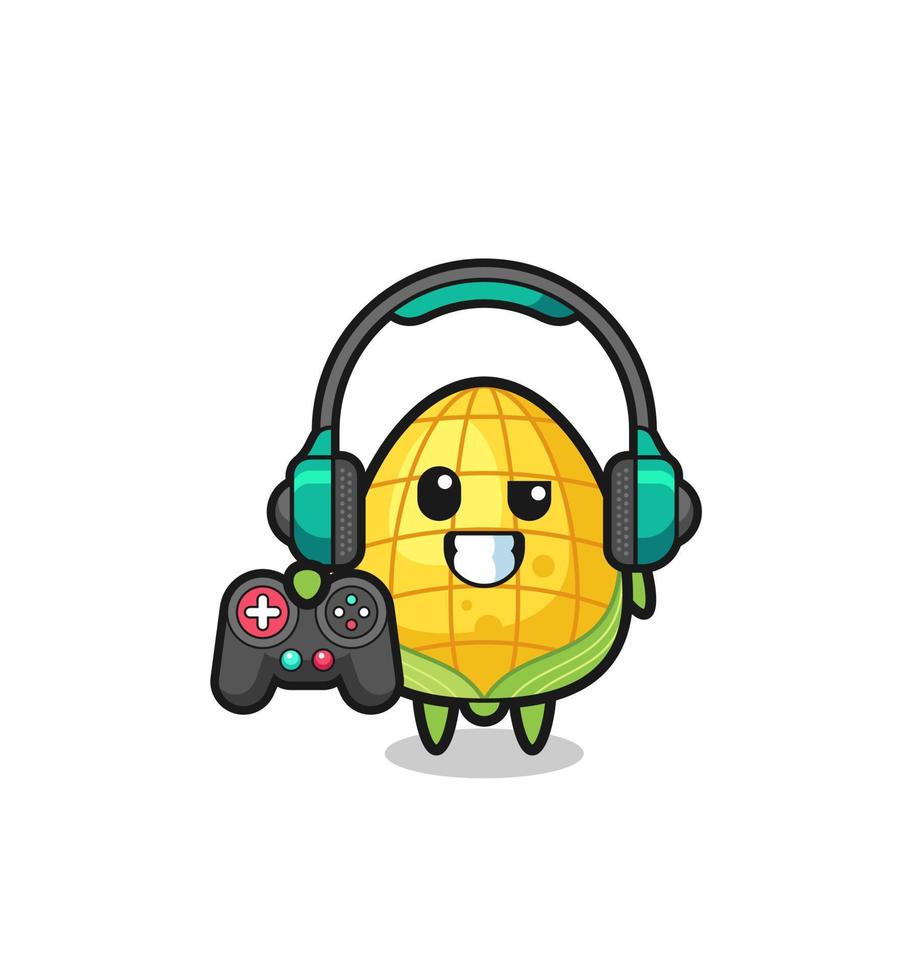 corn gamer mascot holding a game controller vector