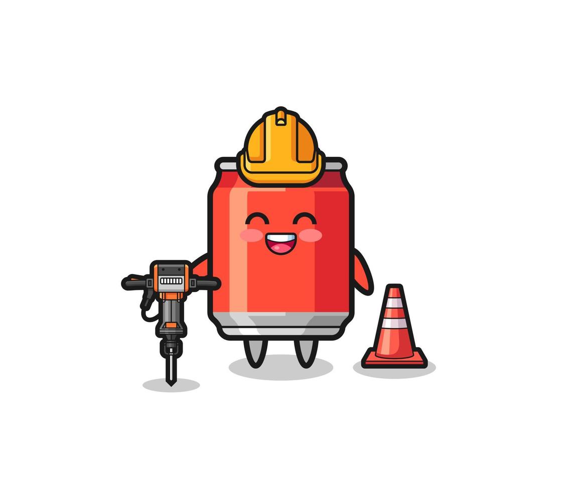 road worker mascot of drink can holding drill machine vector