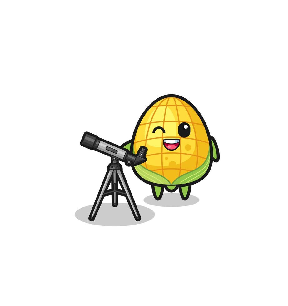 corn astronomer mascot with a modern telescope vector