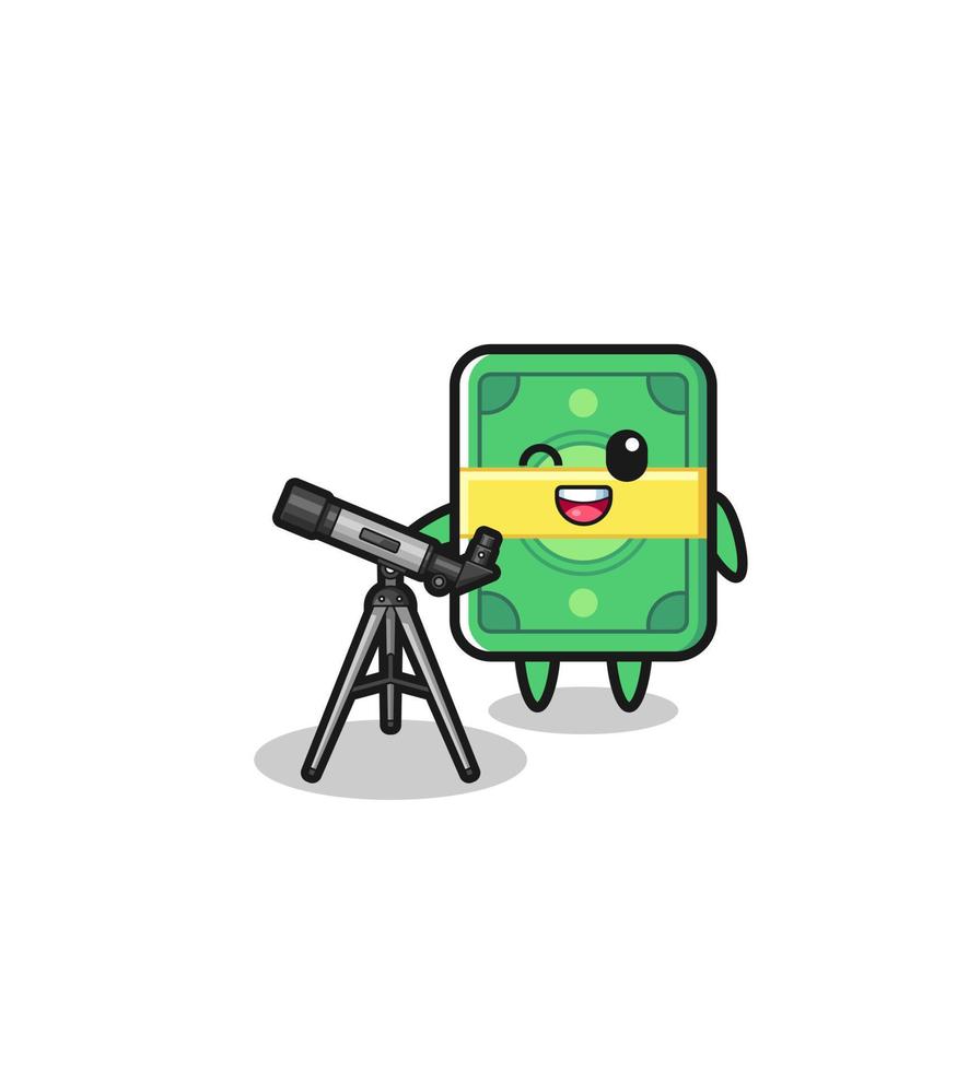 money astronomer mascot with a modern telescope vector