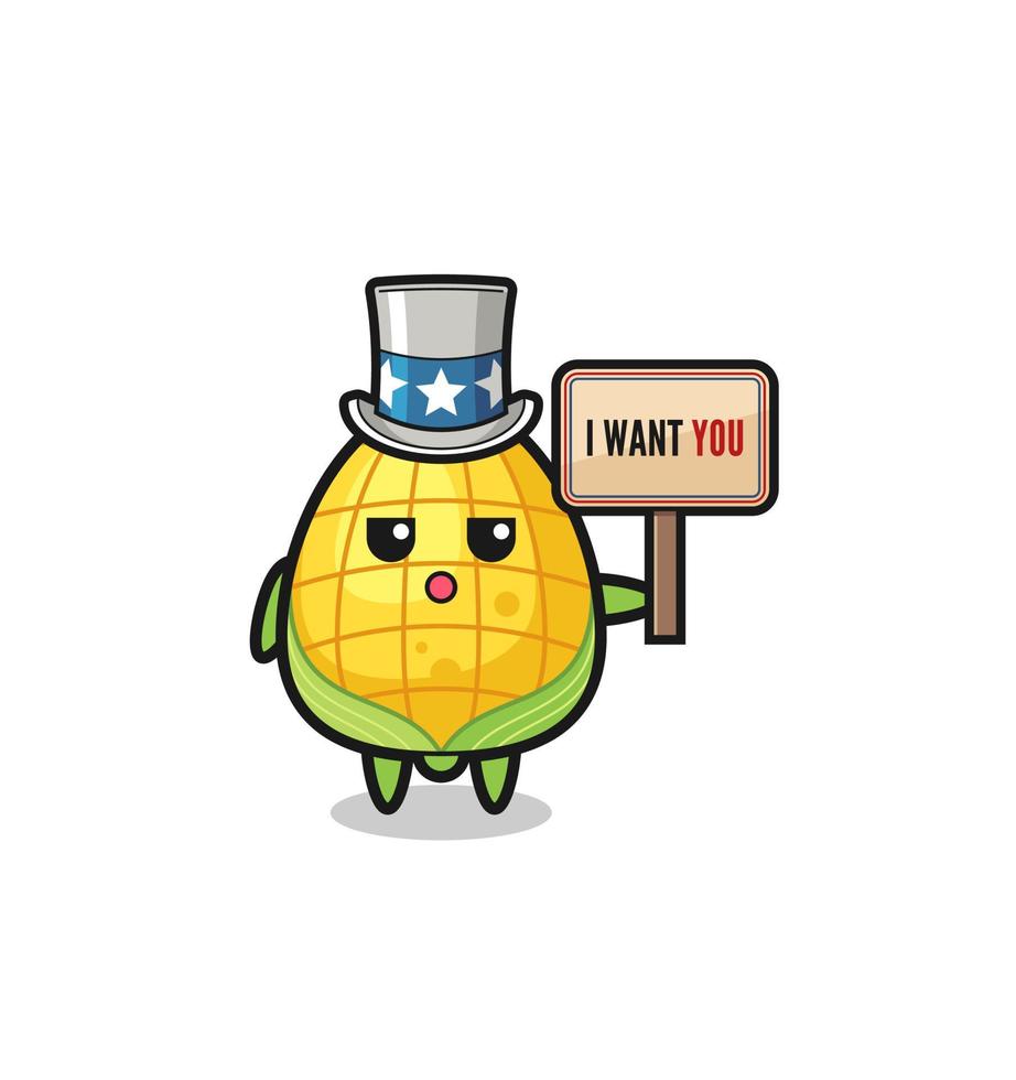 corn cartoon as uncle Sam holding the banner I want you vector