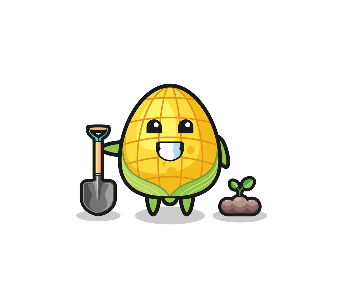 cute corn cartoon is planting a tree seed vector