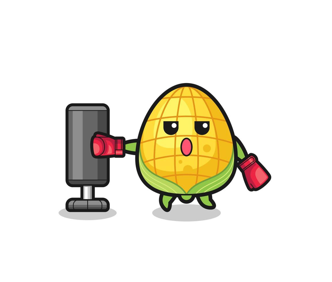 corn boxer cartoon doing training with punching bag vector