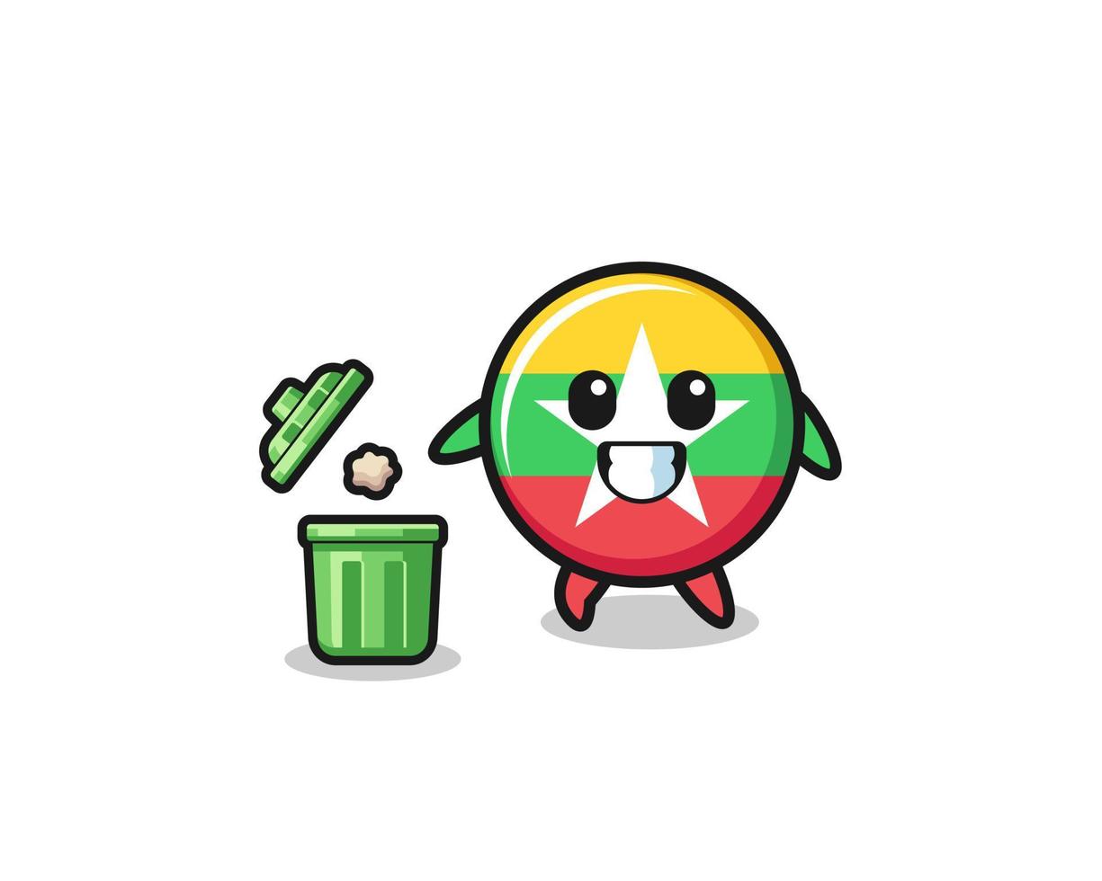illustration of the myanmar flag throwing garbage in the trash can vector
