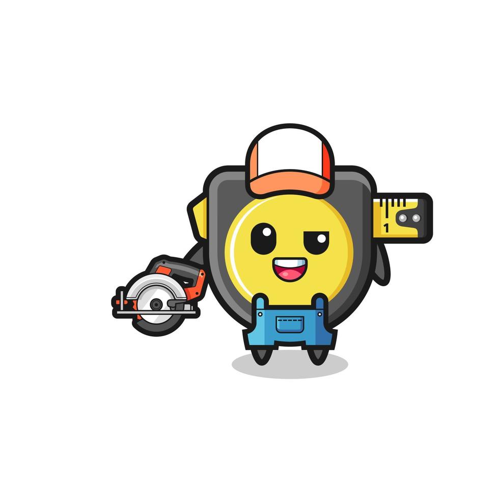 the woodworker tape measure mascot holding a circular saw vector