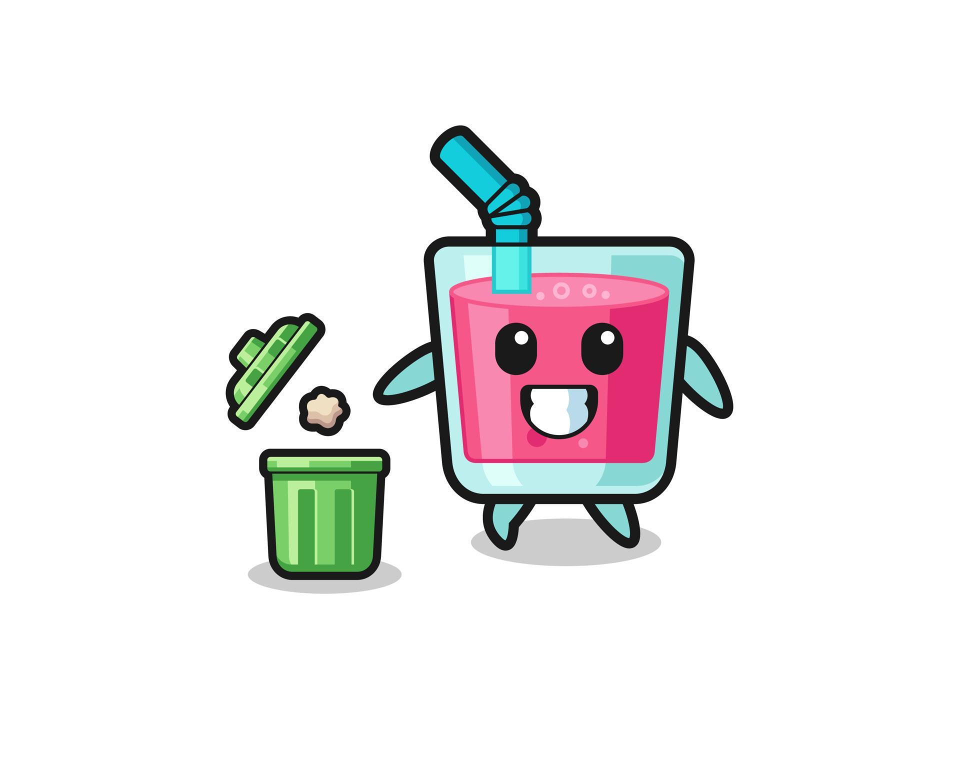 illustration of the strawberry juice throwing garbage in the trash can