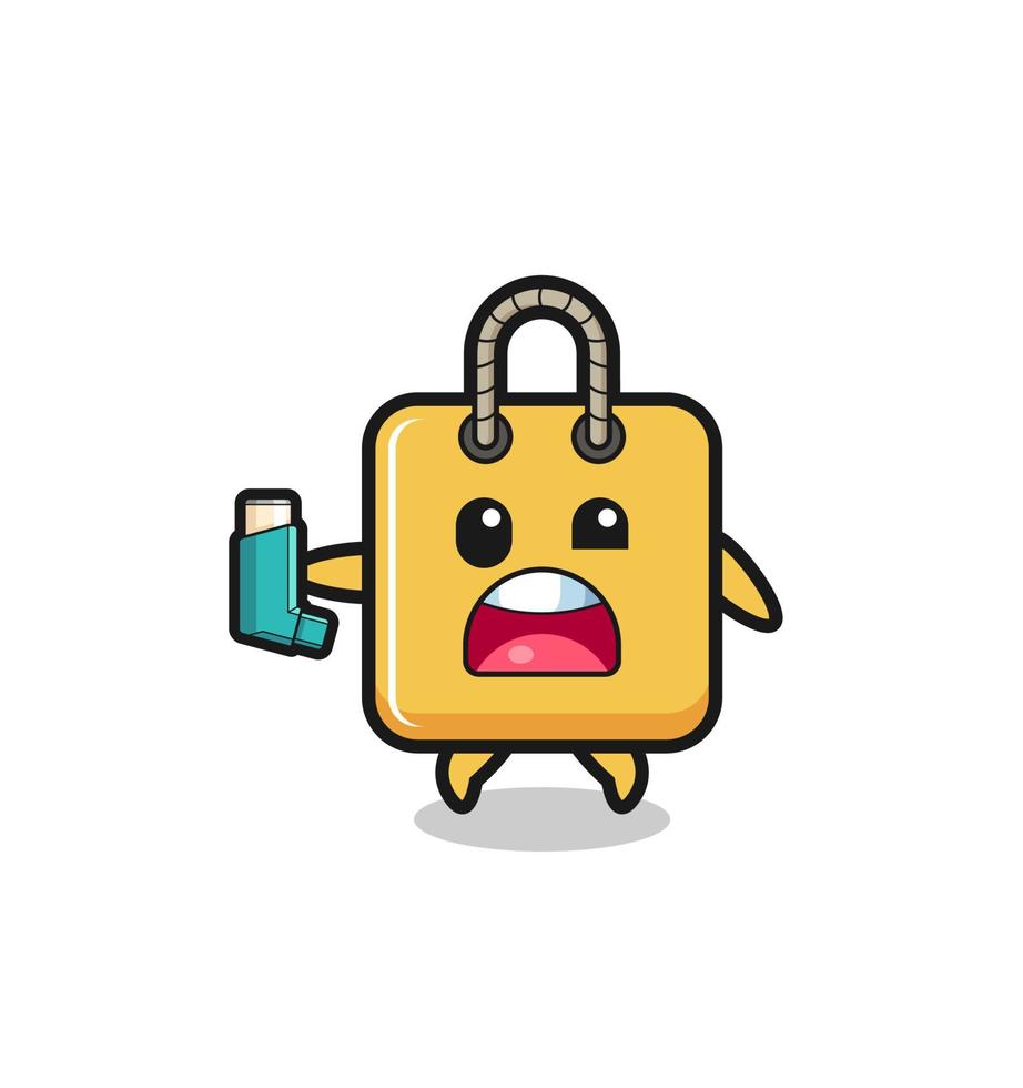 shopping bag mascot having asthma while holding the inhaler vector