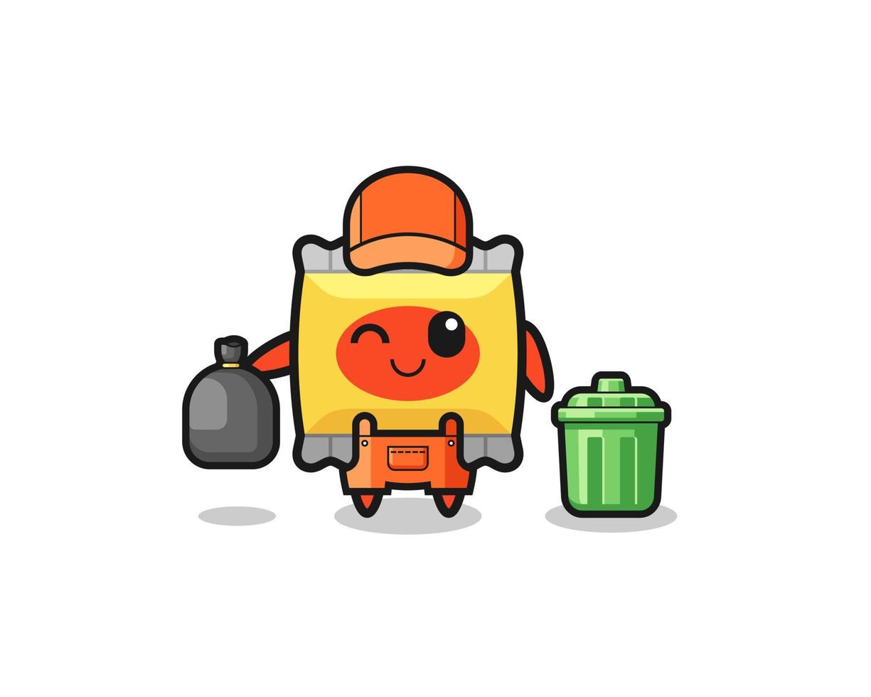 the mascot of cute snack as garbage collector vector