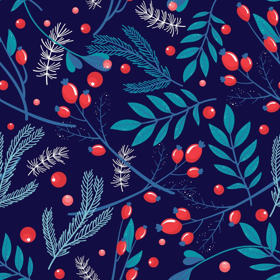 berries leaves seamless pattern navy vector