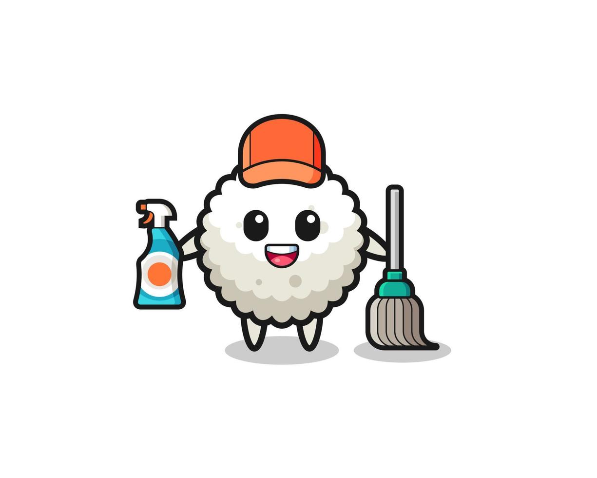 lindo personaje de bola de arroz como mascota de los servicios de limpieza vector
