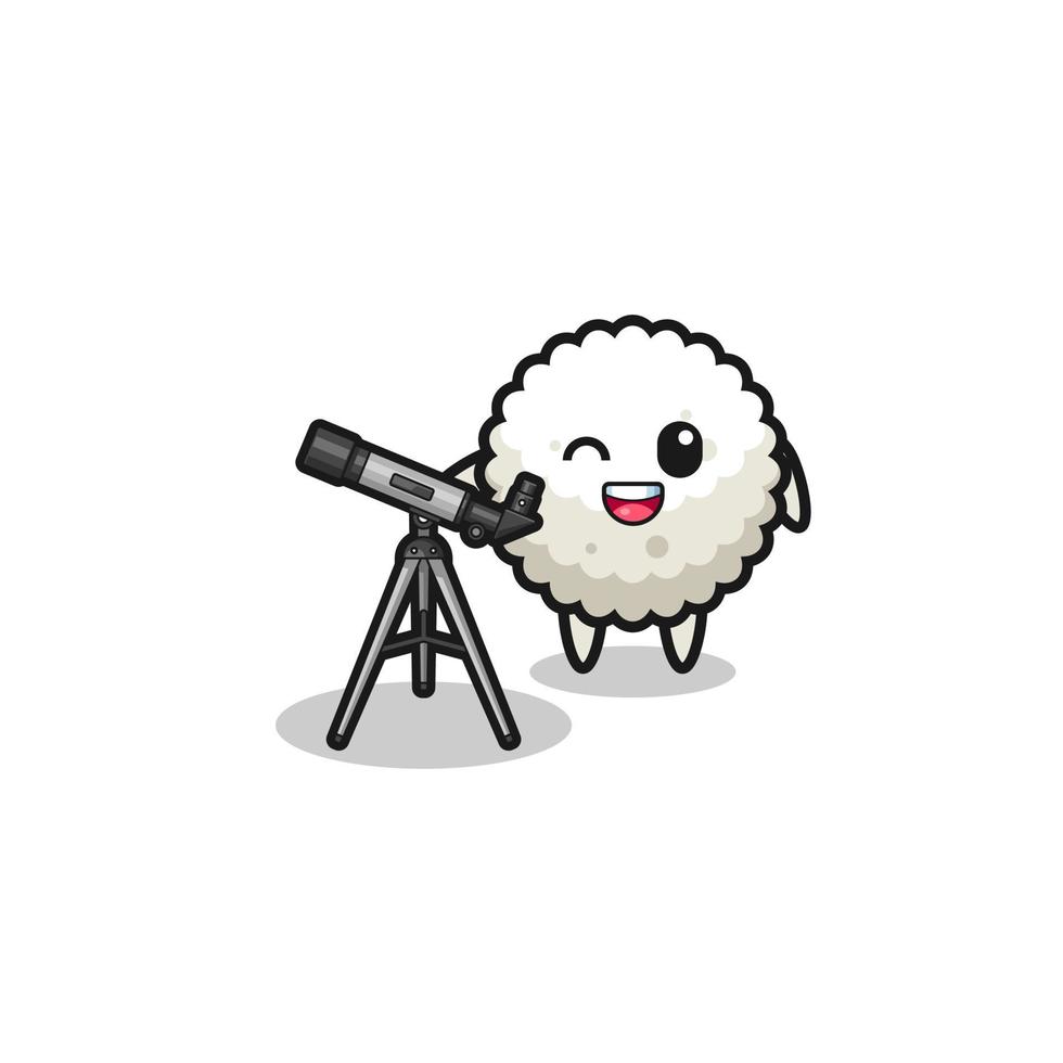 rice ball astronomer mascot with a modern telescope vector