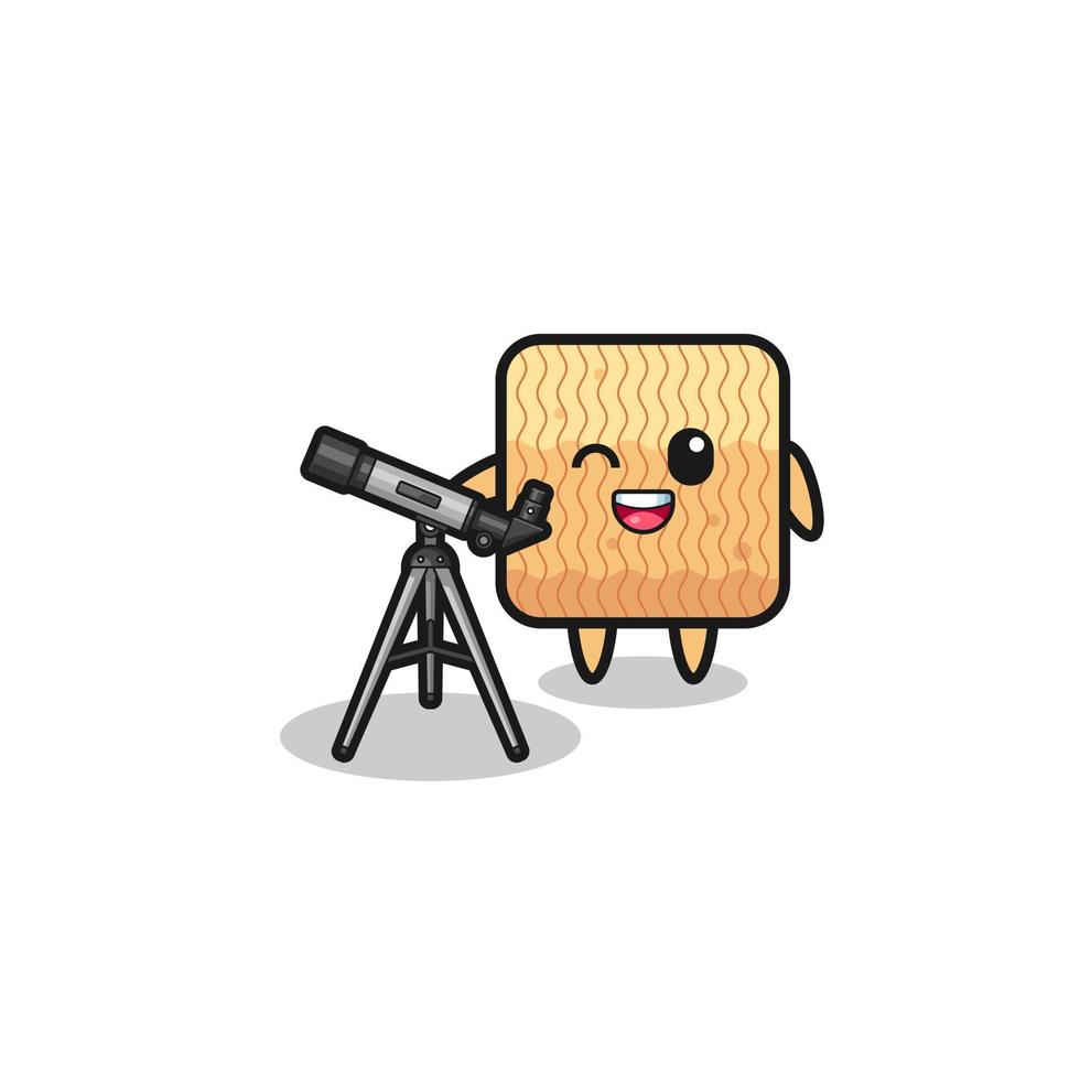 raw instant noodle astronomer mascot with a modern telescope vector