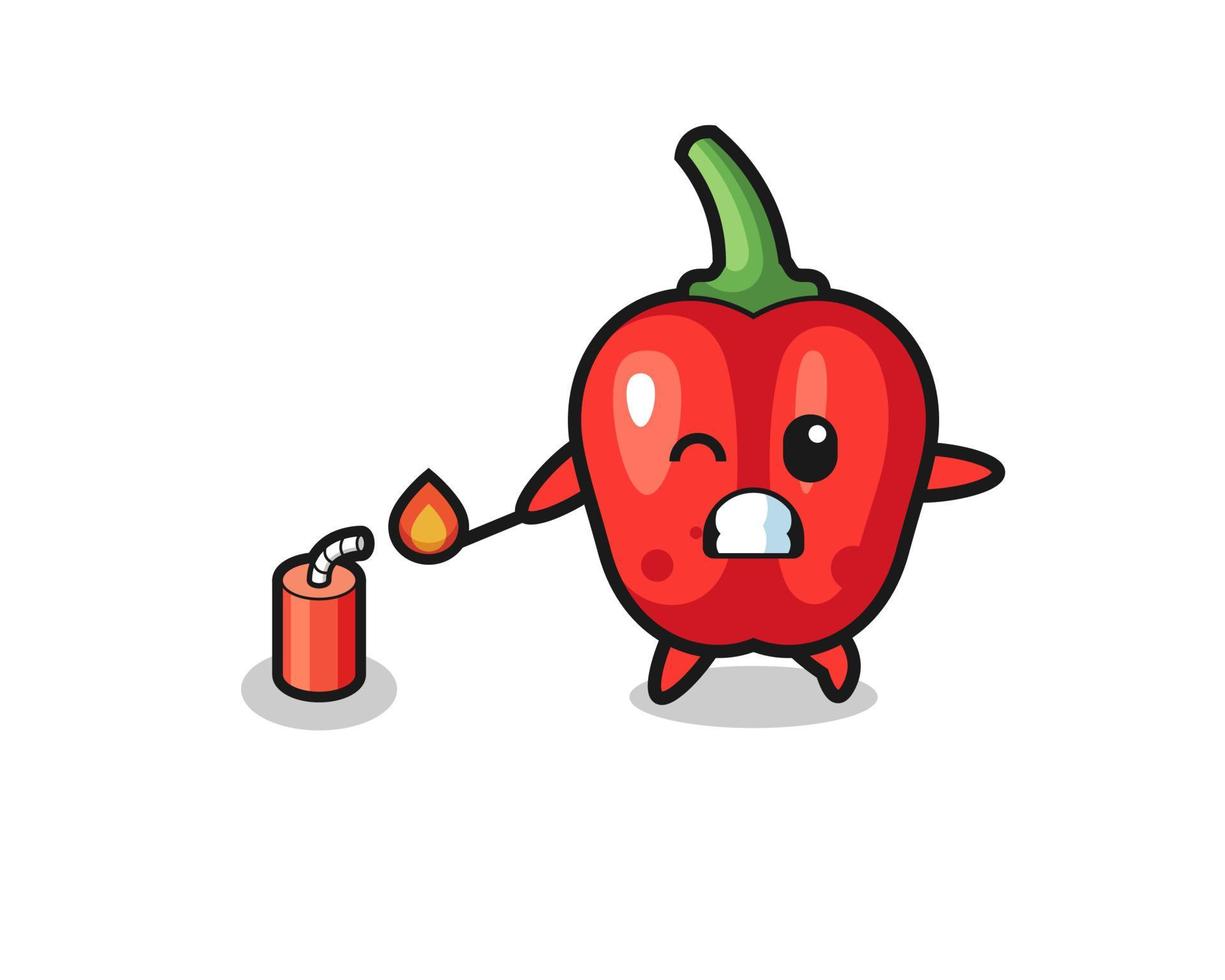 red bell pepper mascot illustration playing firecracker vector