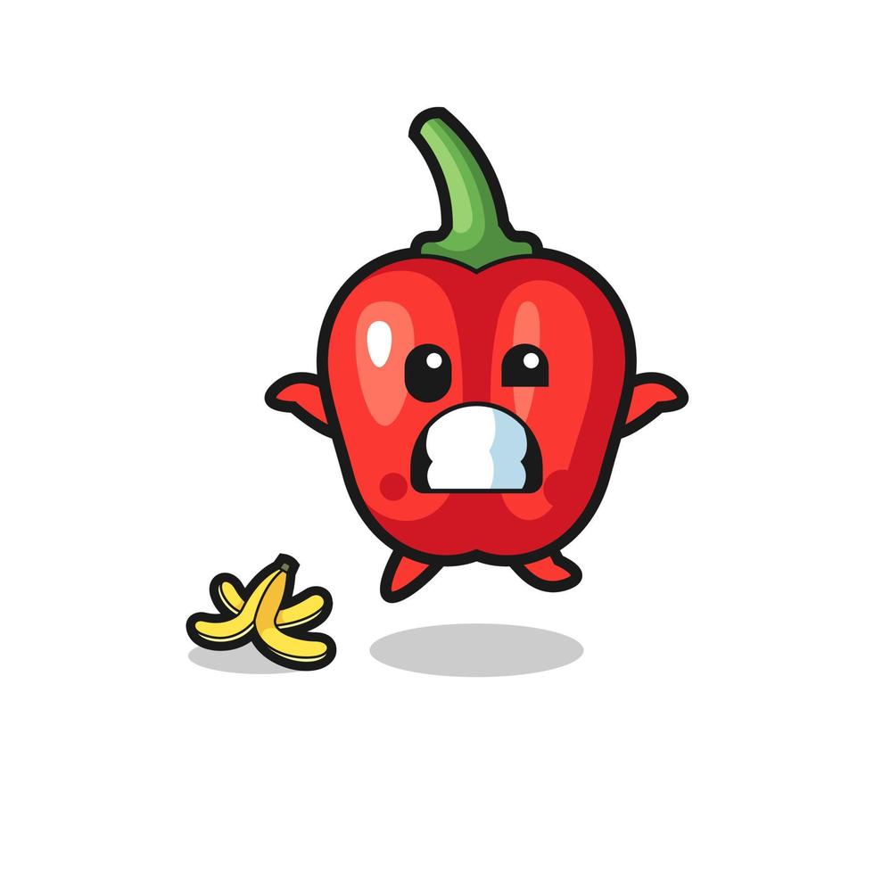 red bell pepper cartoon is slip on a banana peel vector