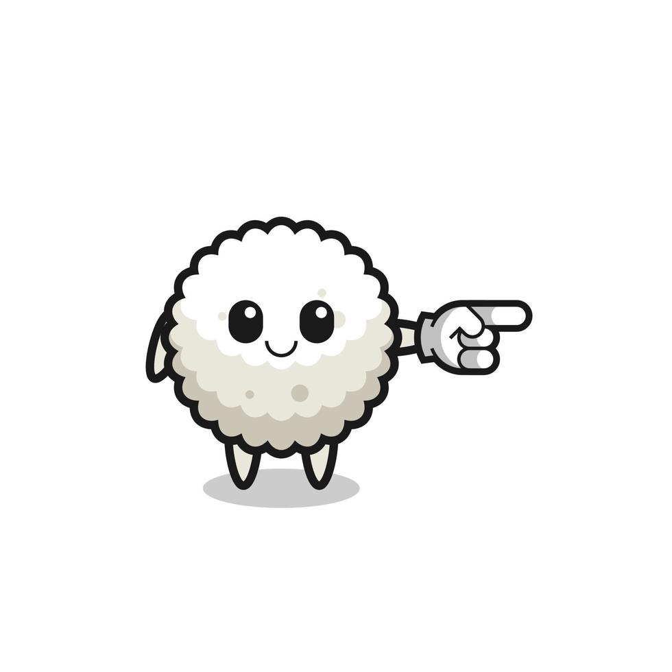 mascota de bola de arroz con gesto apuntando hacia la derecha vector