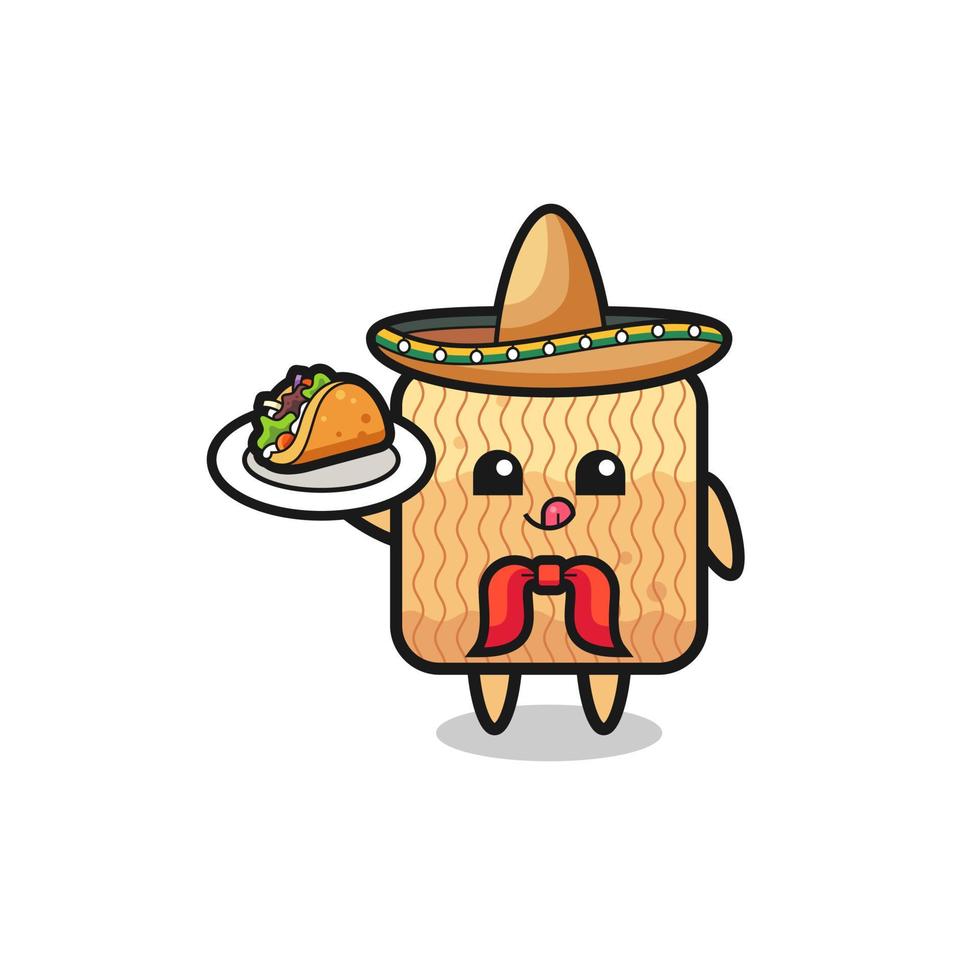 mascota del chef mexicano de fideos instantáneos crudos sosteniendo un taco vector