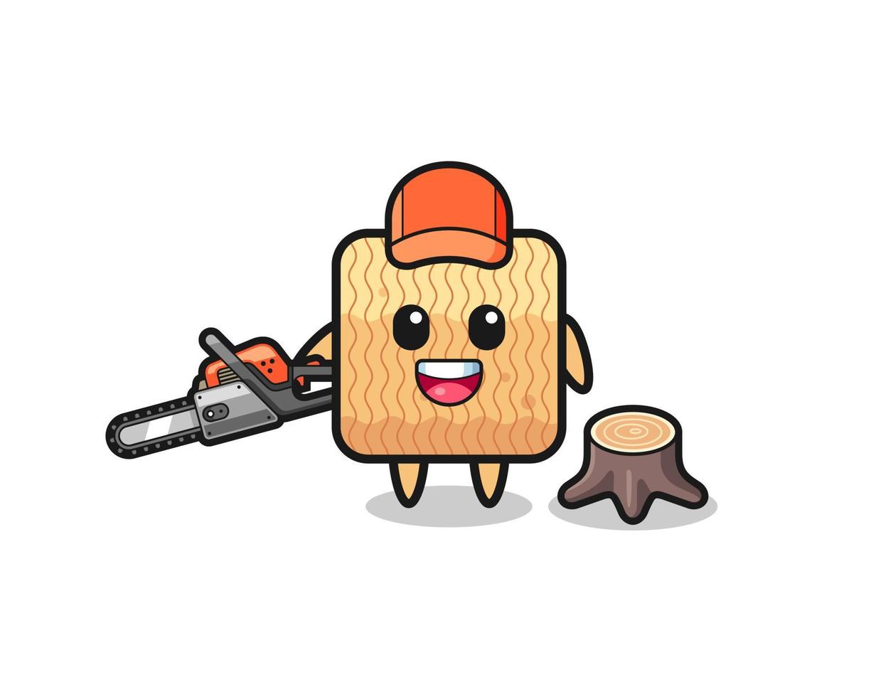 raw instant noodle lumberjack character holding a chainsaw vector