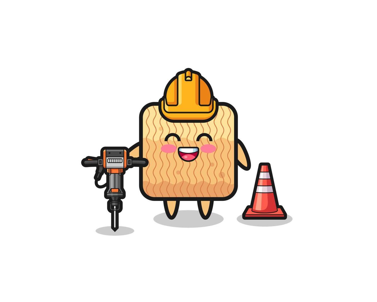 road worker mascot of raw instant noodle holding drill machine vector