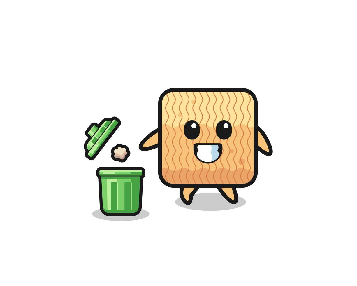 illustration of the raw instant noodle throwing garbage in the trash can vector