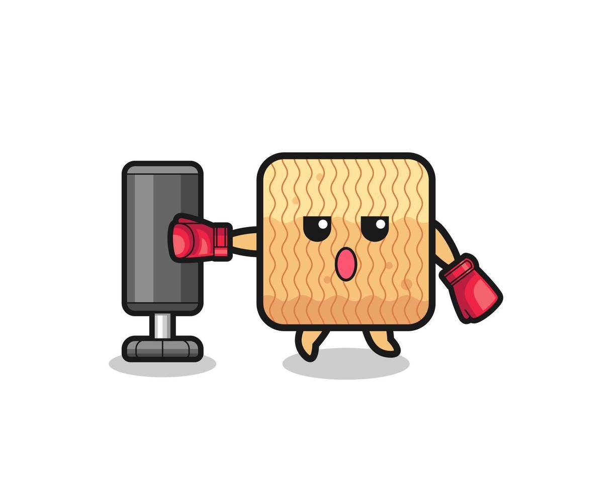 raw instant noodle boxer cartoon doing training with punching bag vector