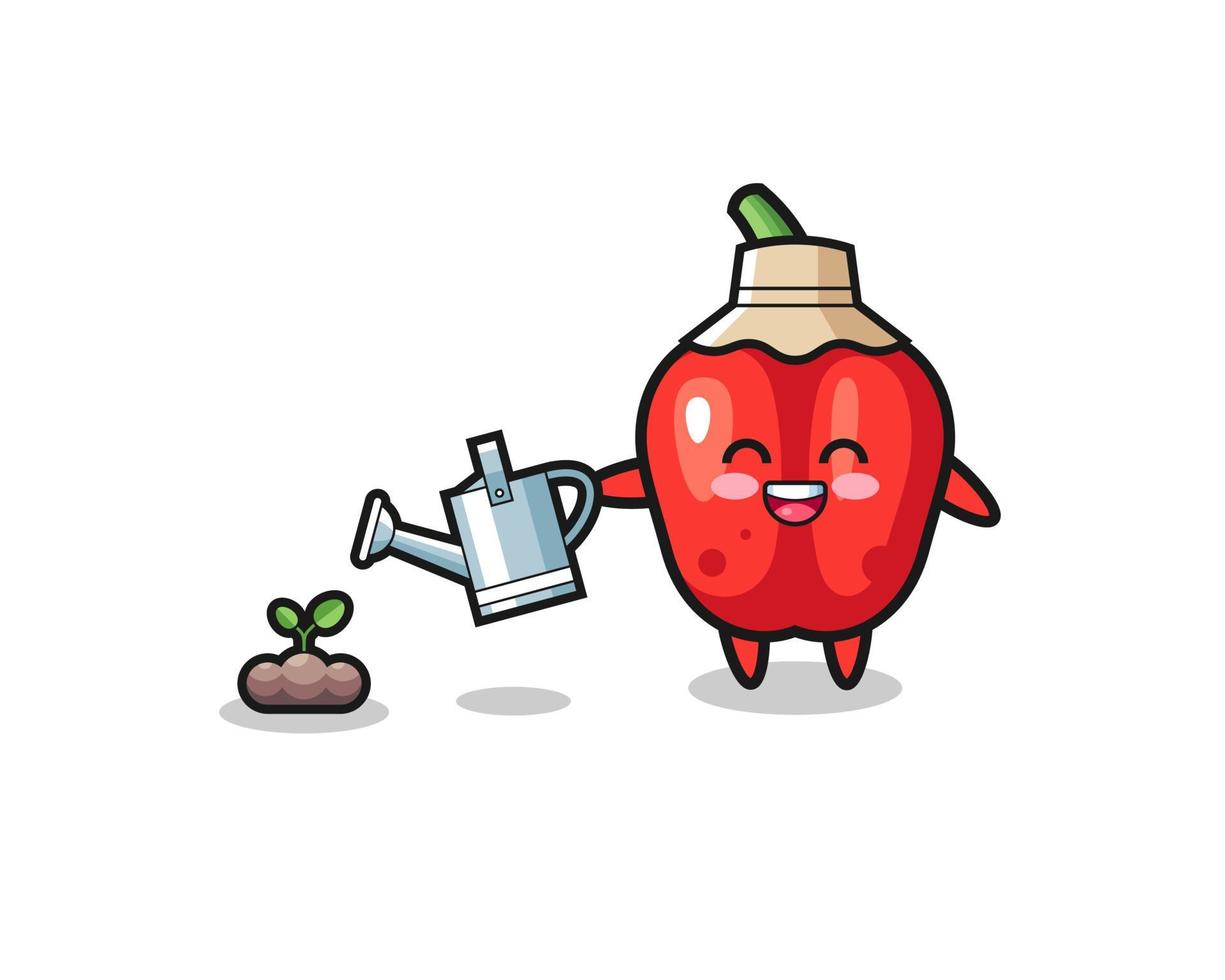 cute red bell pepper is watering plant seeds vector