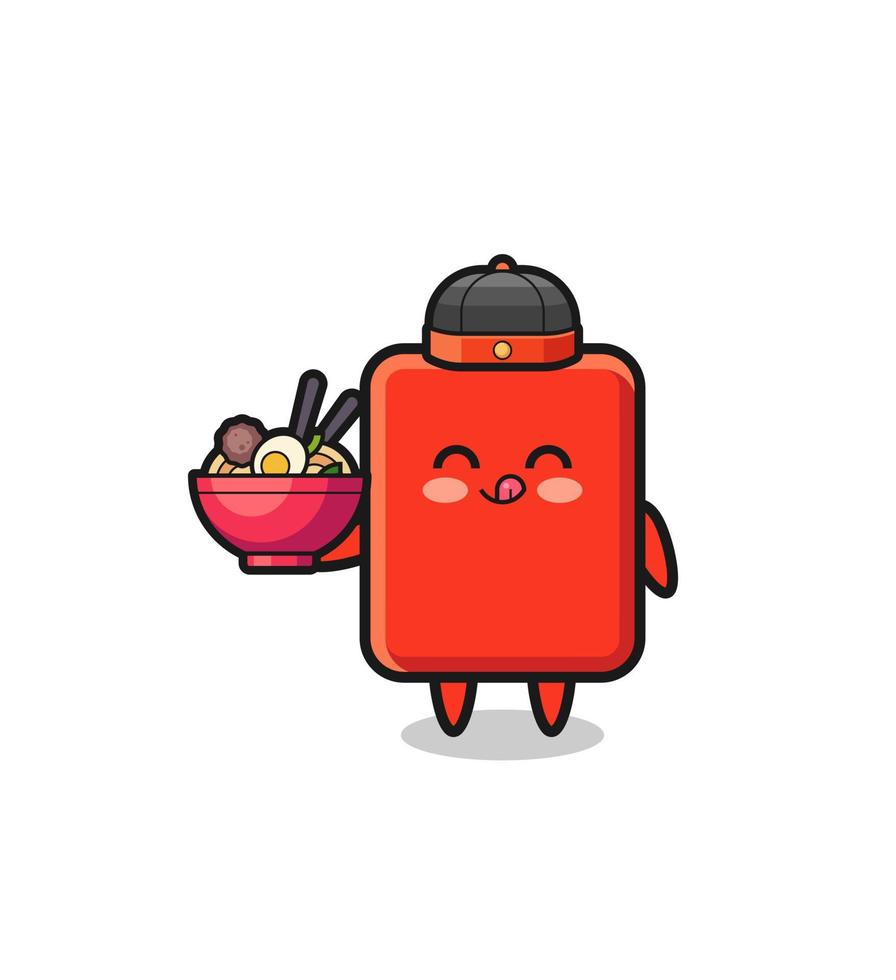 tarjeta roja como mascota del chef chino sosteniendo un tazón de fideos vector