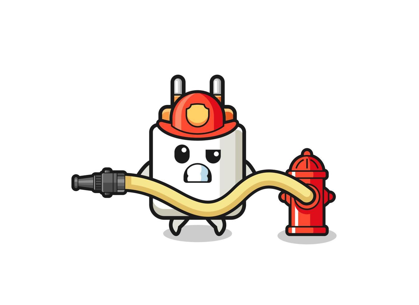 power adapter cartoon as firefighter mascot with water hose vector