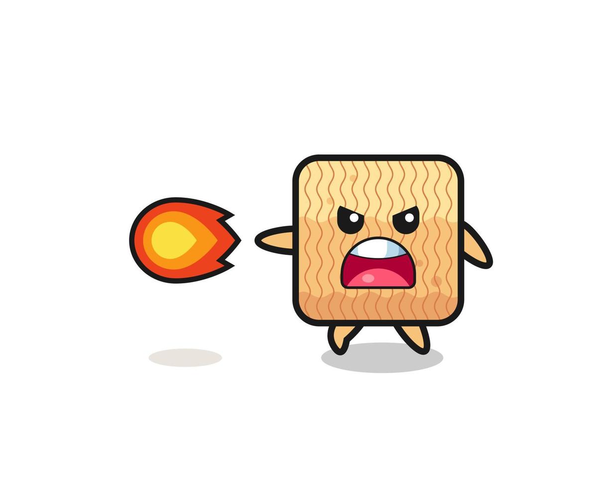 cute raw instant noodle mascot is shooting fire power vector