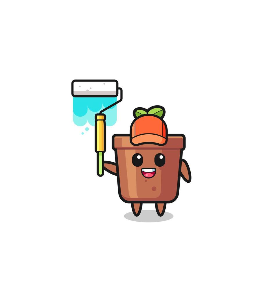 the plant pot painter mascot with a paint roller vector