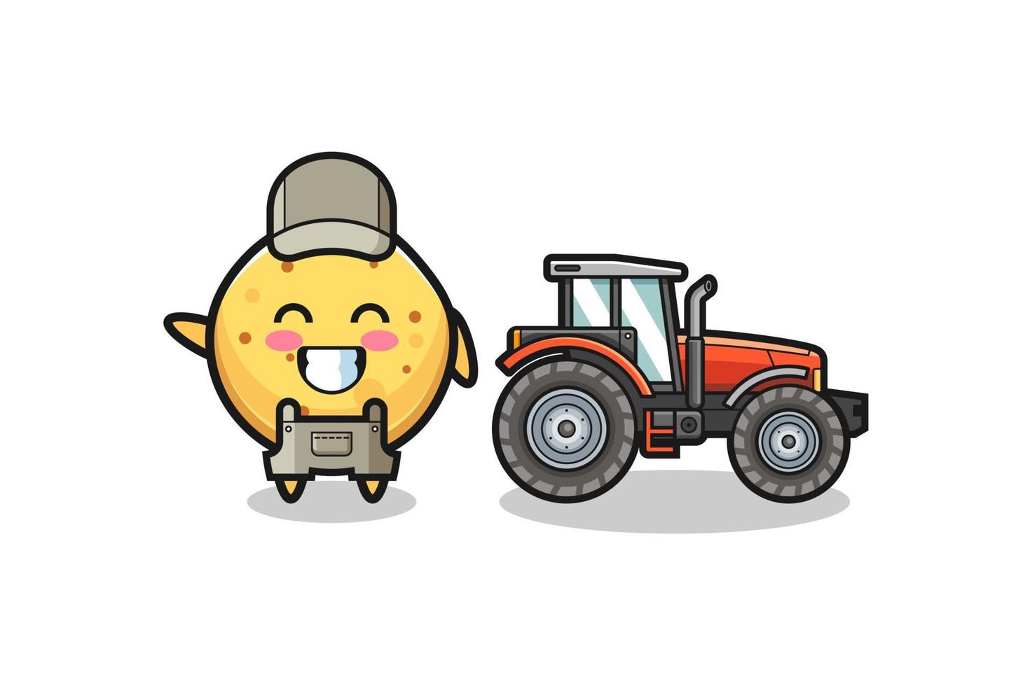 la mascota del granjero de papas fritas parada al lado de un tractor vector