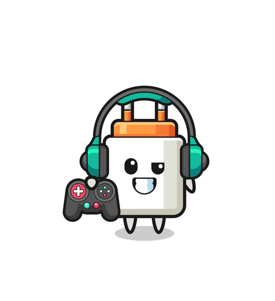 power adapter gamer mascot holding a game controller vector