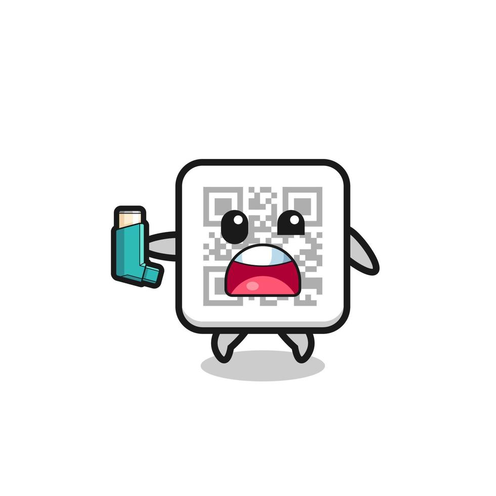 qr code mascot having asthma while holding the inhaler vector